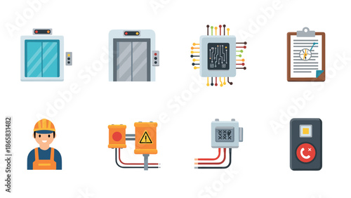 Eight engineering icons: lift, circuit, worker, and safety elements in colorful flat design