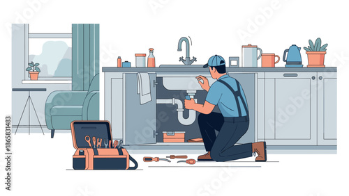 Plumber fixing kitchen sink in modern home interior scene