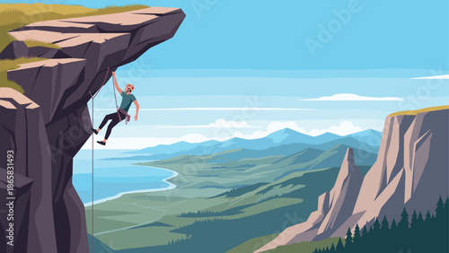 Adventurous rock climber scaling a cliff with scenic mountain and coastal views