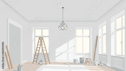 Minimalist interior renovation scene with ladder and paint supplies in sunlit room