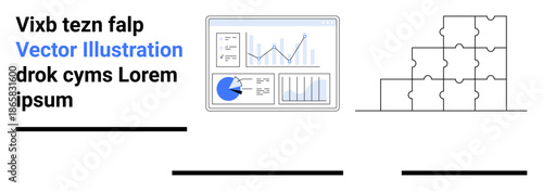 Analytics dashboard with graphs, pie chart, stacking puzzle pieces. Ideal for data analysis, teamwork, digital strategy, problem-solving, organization, collaboration simple landing page