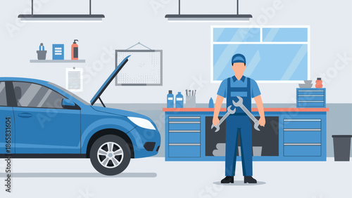 Mechanic with wrench in auto repair shop with car and tools