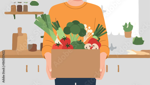 Person holding box of fresh vegetables in kitchen setting