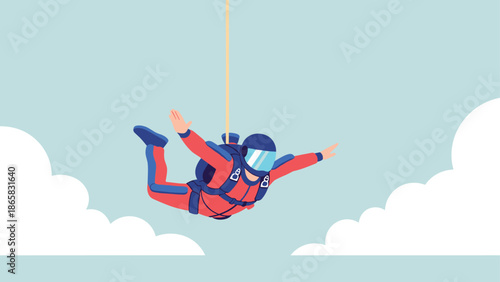 Skydiver in freefall with parachute in clear blue sky surrounded by clouds