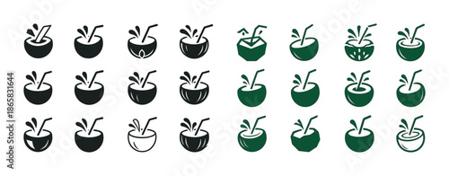 Variety of coconut drink icons in black and green vector set