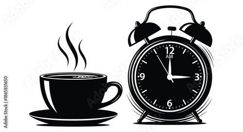 A steaming cup of coffee paired with a classic alarm clock depicted in a striking black silhouette