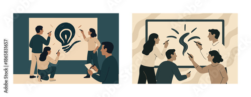 Diverse team collaborating on innovative ideas with creative drawing sessions