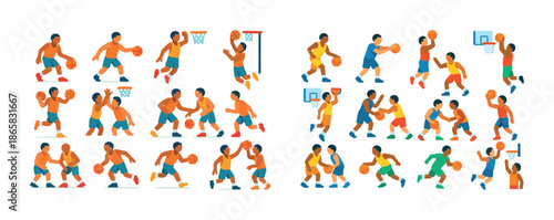 Diverse group of boys playing basketball in various actions
