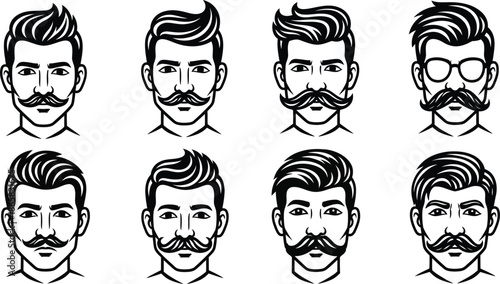 Man face portrait with full beard moustache and haircut black silhouette vector