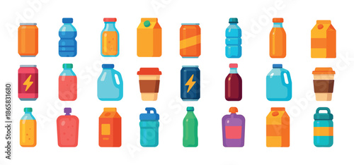 Colorful beverage containers collection: cans, bottles, juice boxes, coffee cups