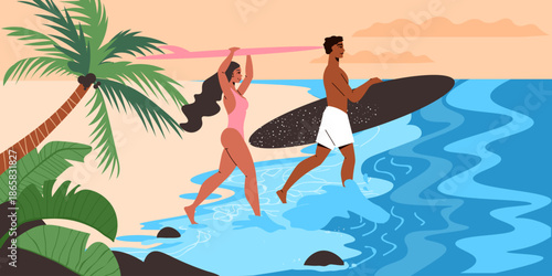 Couple Surfing at Tropical Beach Illustration
Surfing Couple on Summer Beach

Tropical Beach Surf Lifestyle

Surfers Walking to Ocean Illustration