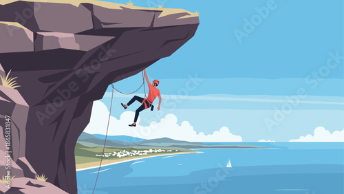 Climber ascending cliff with stunning coastal view
