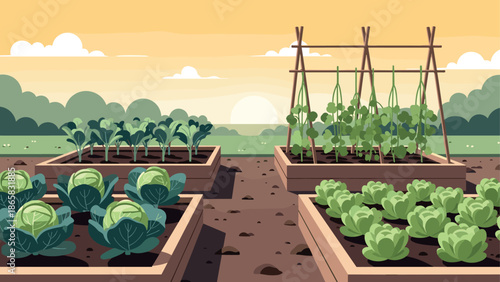 Vibrant garden landscape with lush vegetables in raised beds at sunset