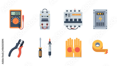 Electrical tools and safety equipment set with flat design elements