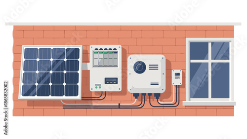 Modern solar panel system on brick wall with battery and inverter setup
