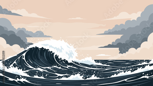 Dynamic ocean waves with dramatic clouds in vintage art style