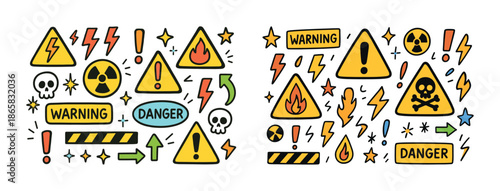 Colorful warning and danger signs with symbols and icons