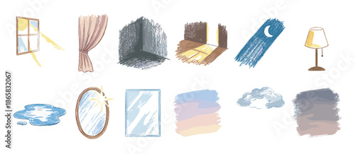 Set of twelve hand-drawn illustrations showing light and atmospheric effects, including sunlight, a lamp, mirrors, and a water puddle with a charming, textured pencil sketch style