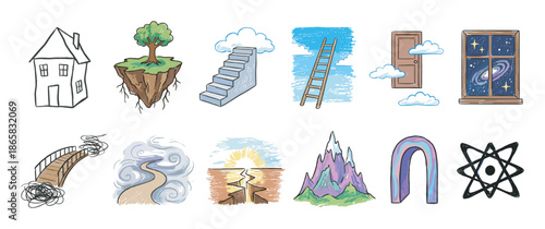 Colorful hand-drawn set of metaphorical illustrations representing abstract concepts of journey, challenge, opportunity, and personal growth in a sketchy doodle style