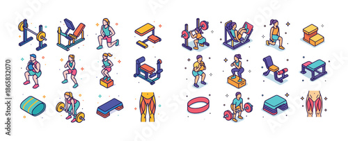 Colorful workout icons featuring diverse fitness activities and equipment