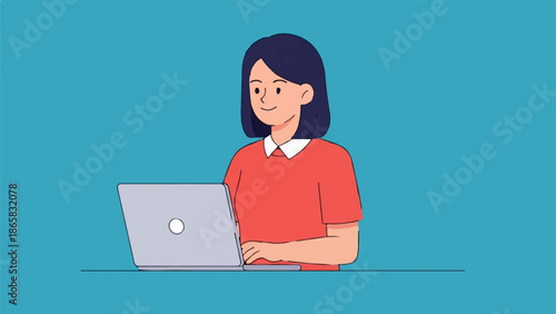 A cheerful woman with short dark hair wearing a red shirt sits at a desk with a laptop