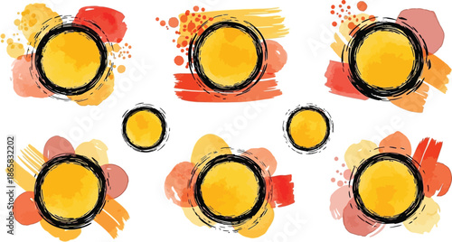 Abstract geometric background with circles triangles and brush strokes design