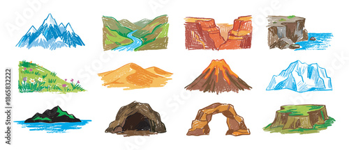 Set of twelve colorful nature icons drawn in a playful, childlike crayon style, showing diverse environments such as a snowy peak, a desert dune, an erupting volcano, and a sea cliff