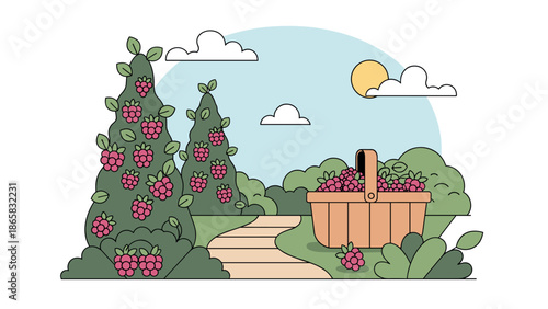 Flat garden scene with raspberry plants and basket in sunny landscape