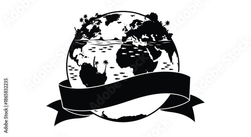 a black and white illustration of planet earth with a ribbon banner below a striking silhouette