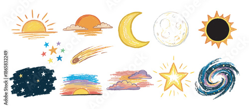 Collection of hand-drawn space elements including the sun, moon, stars, comet, eclipse, and galaxy, rendered in a charming and colorful crayon doodle style