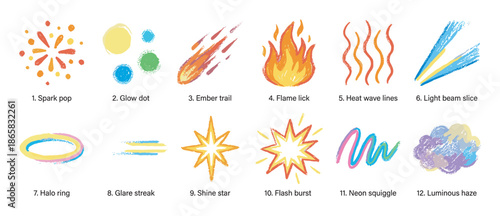 Colorful collection of hand-drawn visual effects including sparks, fire, light beams, stars, and abstract shapes in a vibrant, sketchy, and textured artistic style