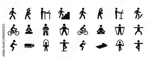 Collection of exercise and fitness icon set in black and white