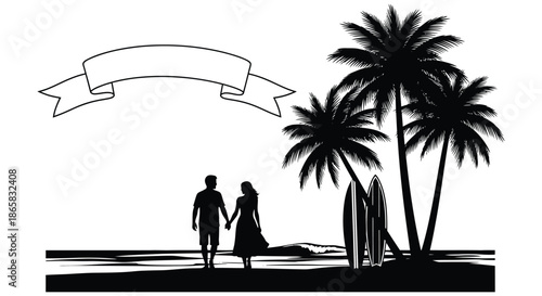 A romantic couple walking hand in hand on a tropical beach with palm trees silhouette