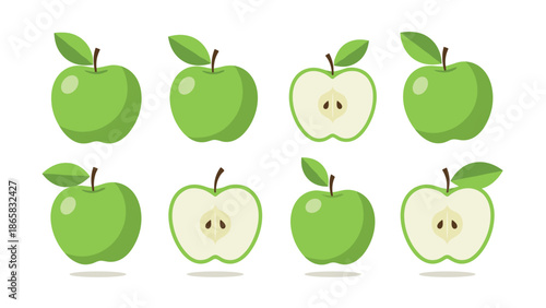Set of green apples in flat style with whole and sliced variations on white background