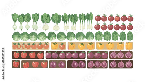 Flat design vegetable icons set: fresh vegetables in rows of tomatoes, peppers, onions, and greens