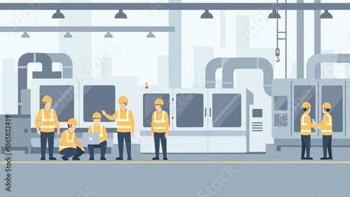 Industrial factory workers in modern manufacturing environment