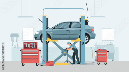 Flat design of mechanic working on elevated car in auto repair shop