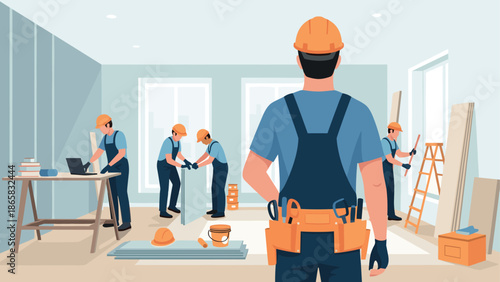 Team of construction workers in a modern office renovation scene