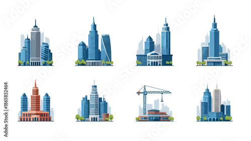 Sleek modern city skylines collection in flat style with iconic landmarks