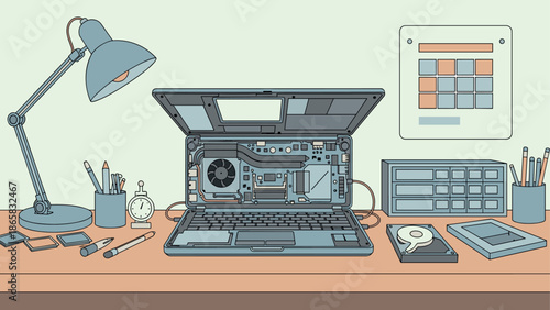 Flat design workspace with open laptop components and desktop accessories