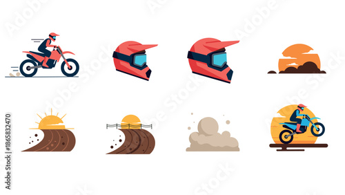 Motocross adventure icons: helmet, dirt tracks, and biker silhouettes