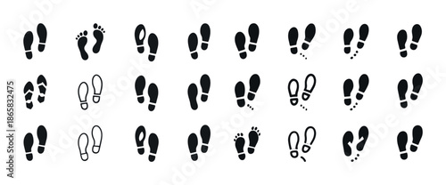 Variety of footprint and shoeprint icons in different styles and patterns