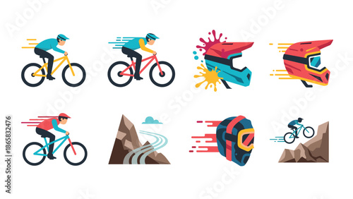 Colorful cycling and helmet graphics with mountain adventure scenes