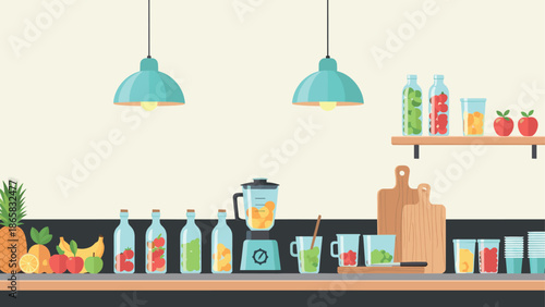 Modern kitchen with fresh fruit and kitchenware in flat design