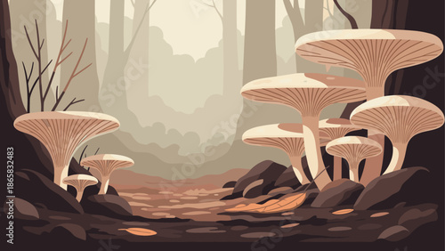 Serene forest scene with mushrooms in soft morning light