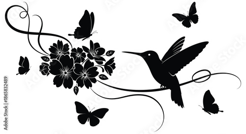 A graceful composition featuring a hummingbird blossoms butterflies and swirling elements in a striking silhouette