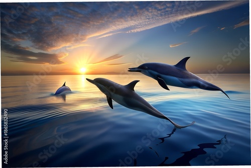 Playful Dolphins Swimming at Sunset Over Calm Ocean Waters
