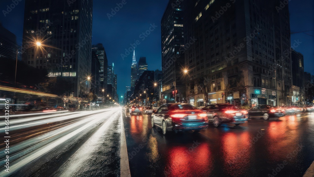 Naklejka premium Dynamic Night Cityscape with Streaking Car Lights and Urban Architecture.