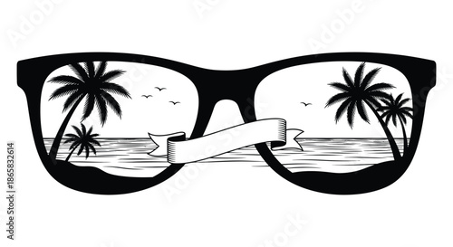A pair of sunglasses framing a tropical beach scene with palm trees and a ribbon silhouette