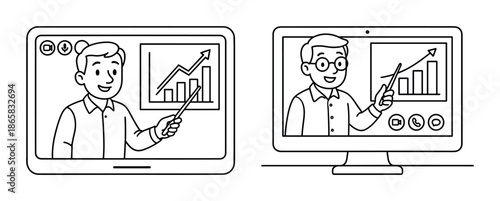 Male presenter in virtual meeting with rising chart on screen